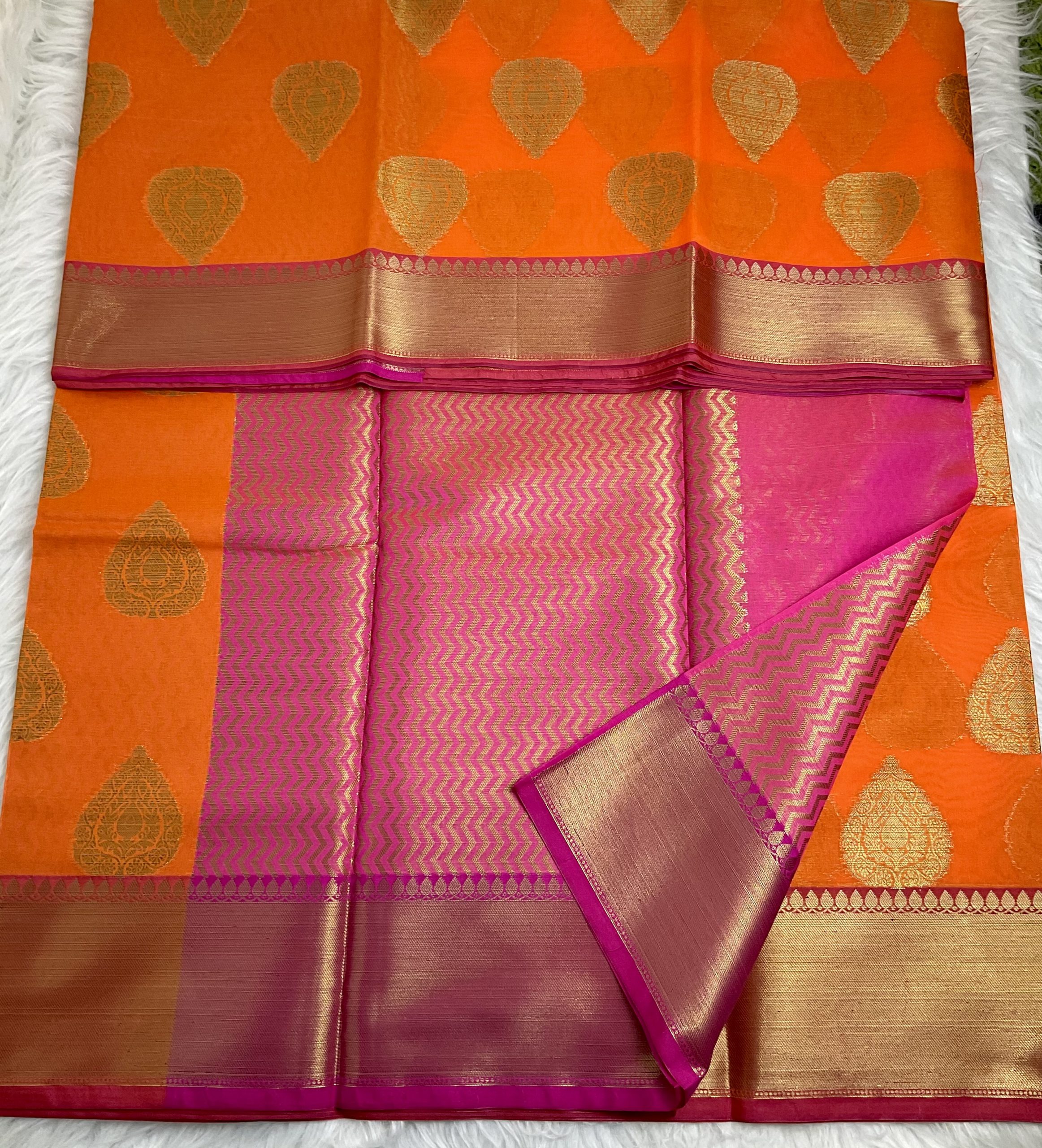 Kora Organza Banarasi Silk Saree (Tangerine Orange) - Image 3