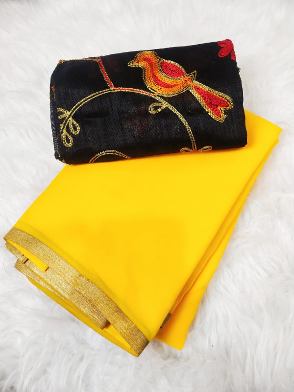 Chiffon-Georgette Saree with Gatchola Blouse Combo (Yellow Black)