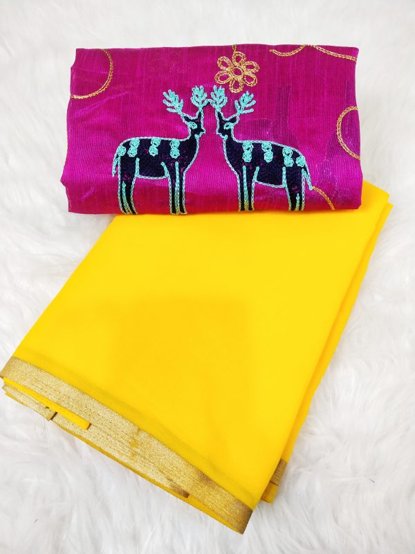 Chiffon-Georgette Saree with Gatchola Blouse Combo (Yellow-Pink)