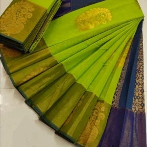 Chanderi-Tissue Silk Cotton Sarees (Chattreuse Green and Blue)