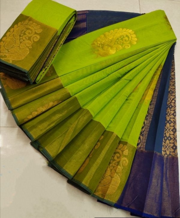 Chanderi-Tissue Silk Cotton Sarees (Chattreuse Green and Blue) - Image 2