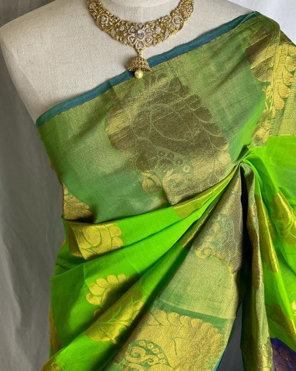 Chanderi-Tissue Silk Cotton Sarees (Chattreuse Green and Blue) - Image 3