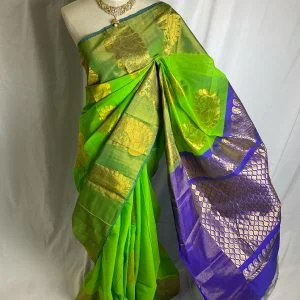 Chanderi-Tissue Silk Cotton Sarees (Chattreuse Green and Blue)