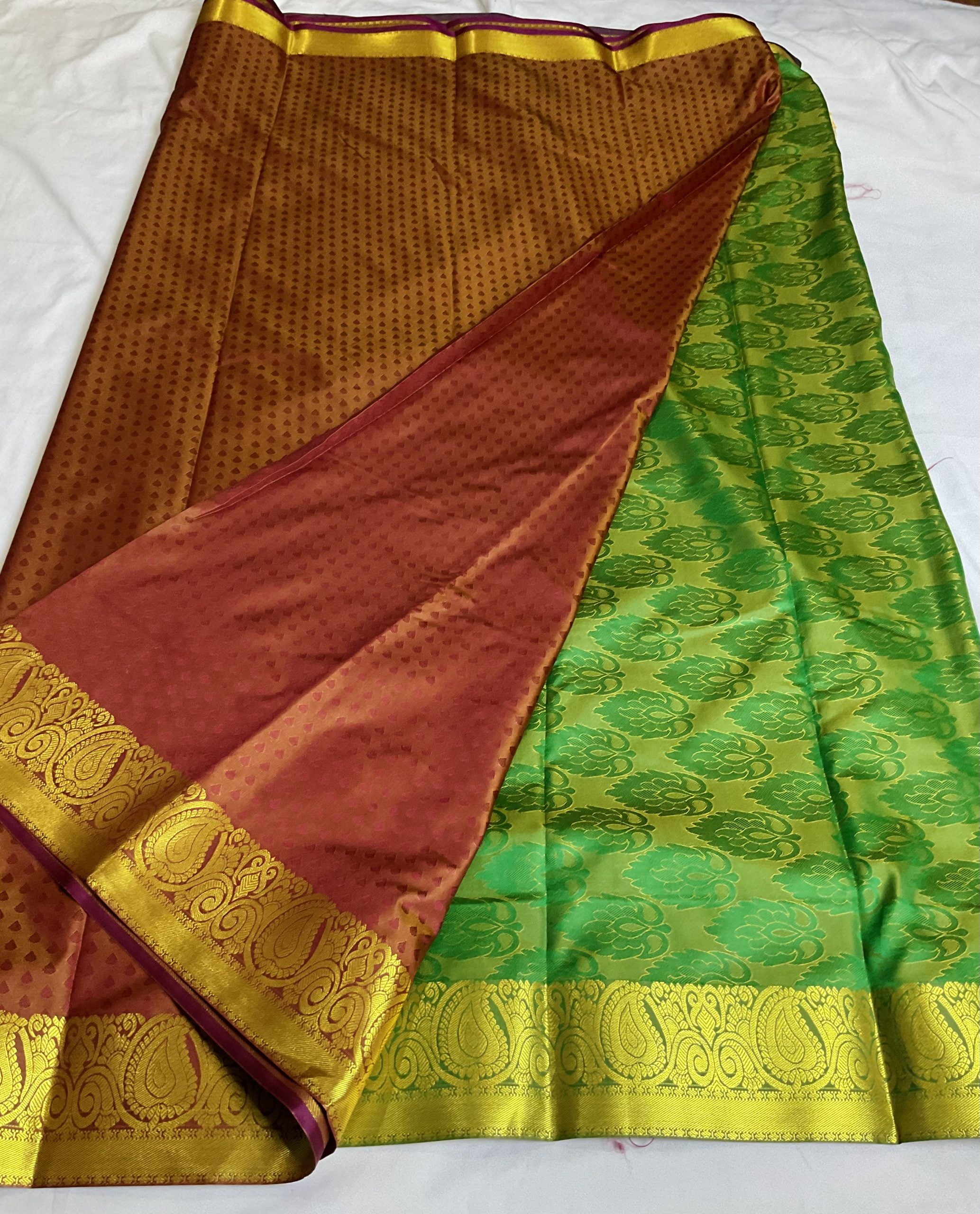 Semi-Kanchi Embossed Silk Saree (Burgundy Bonze -Green) - Image 2