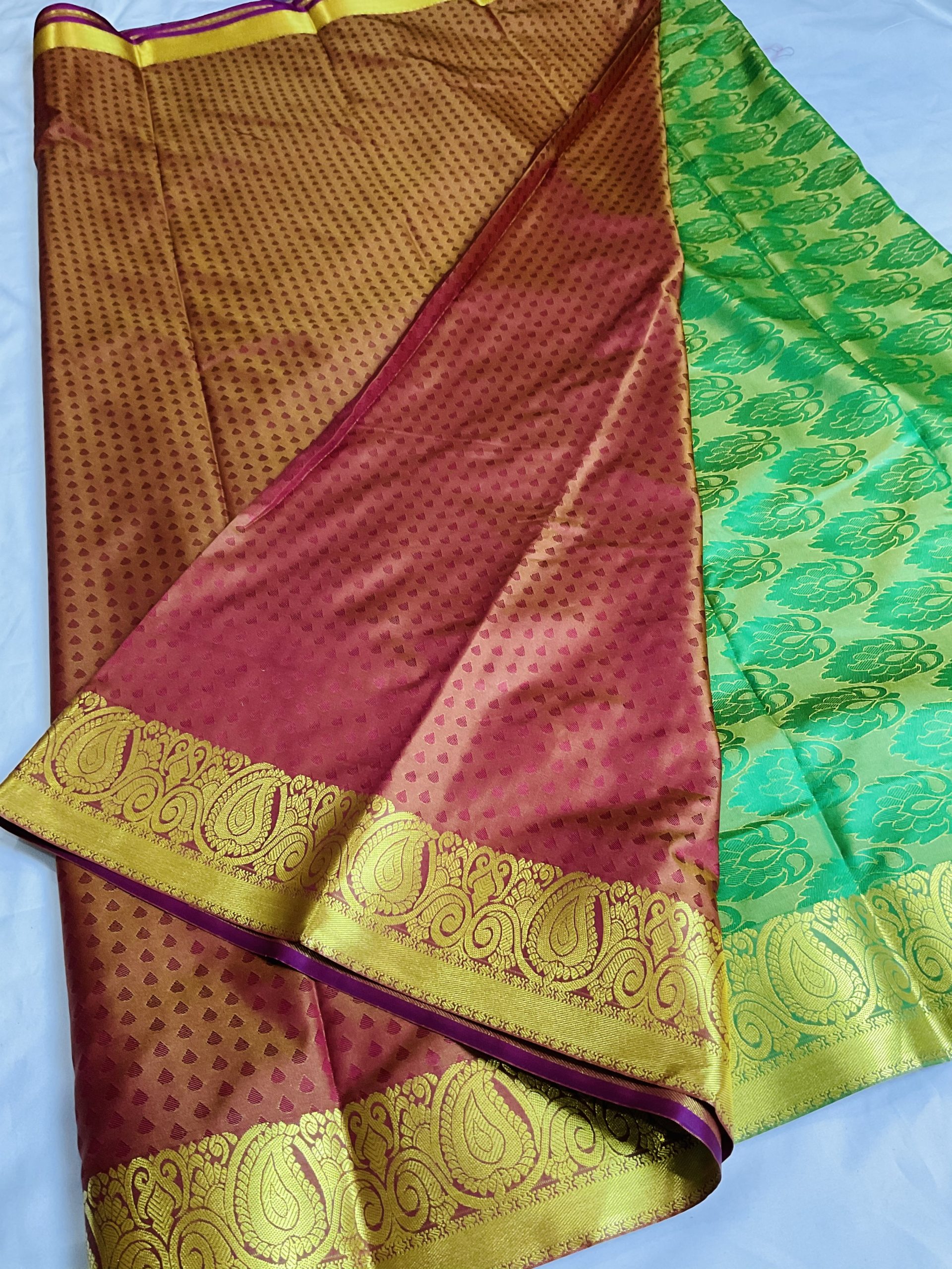 Semi-Kanchi Embossed Silk Saree (Burgundy Bonze -Green) - Image 3