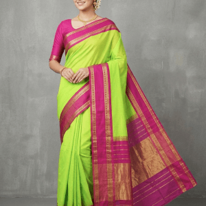 Korvai Silk Cotton Sarees with Kottanji Border (Neon Green)