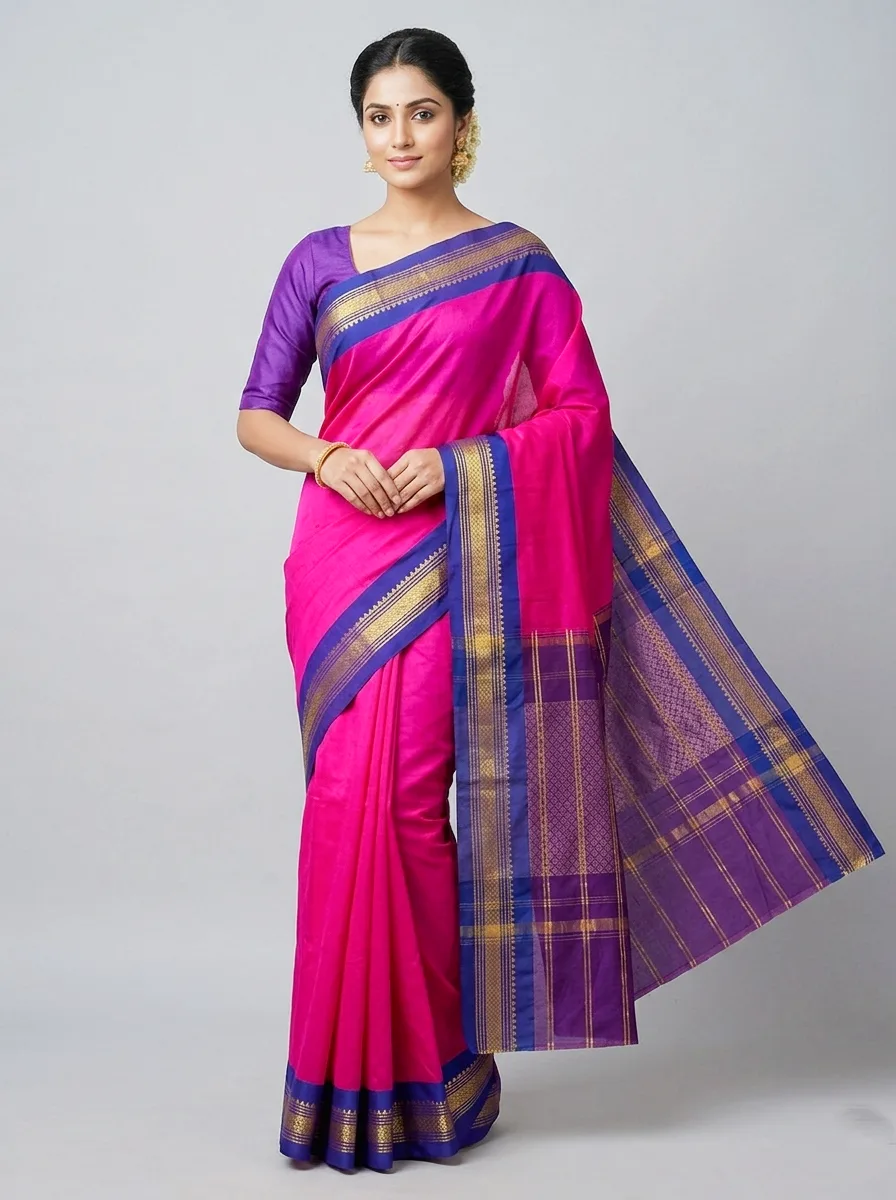 Korvai Silk Cotton Sarees with Kottanji Border (Fuschia Pink)