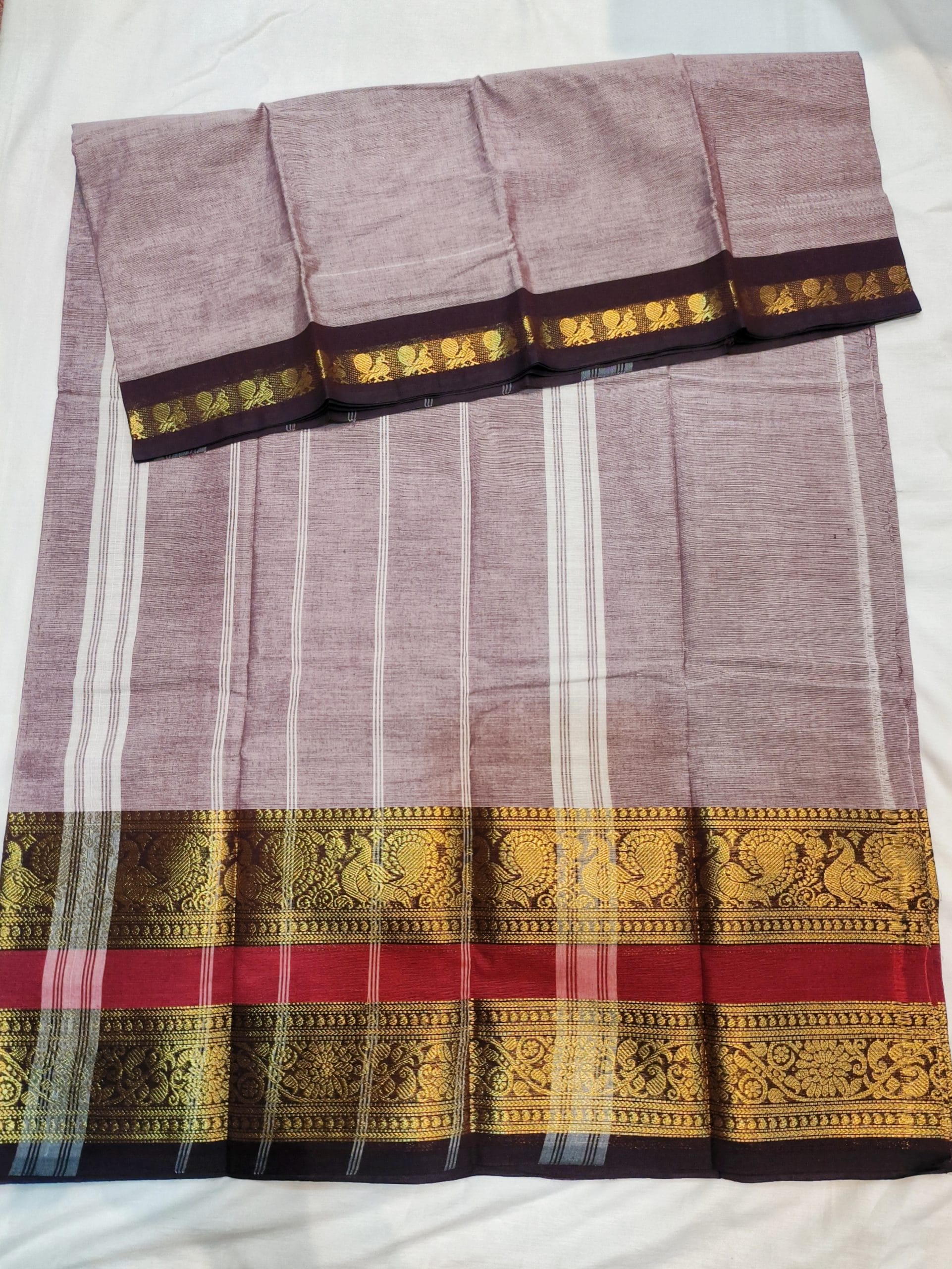 Kanchi Cotton Saree with Big Peacock Border (Oak Brown) - Image 3
