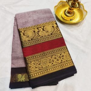Kanchi Cotton Saree with Big Peacock Border (Oak Brown)