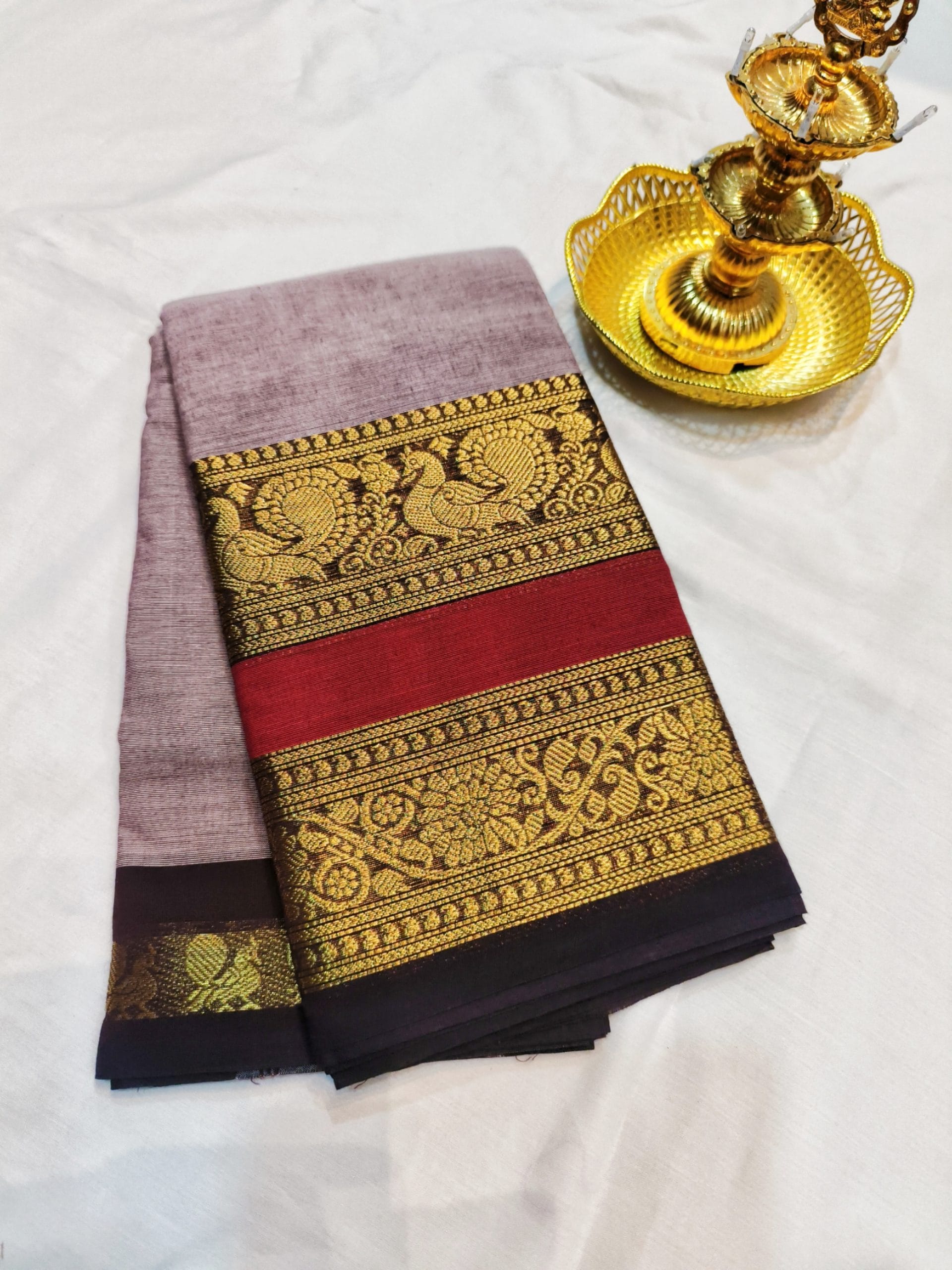 Kanchi Cotton Saree with Big Peacock Border (Oak Brown)