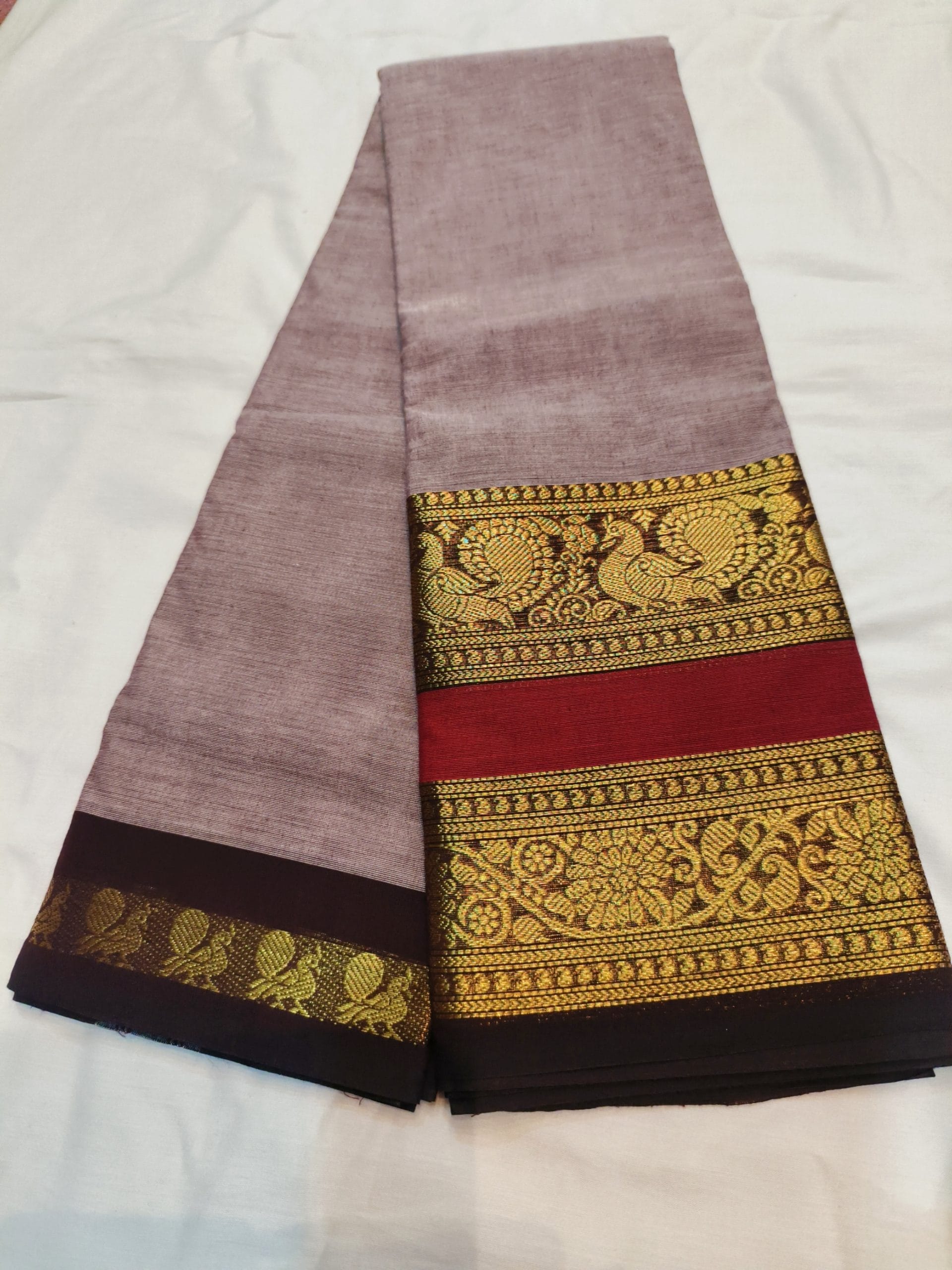 Kanchi Cotton Saree with Big Peacock Border (Oak Brown) - Image 2
