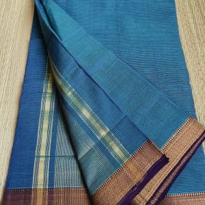 Mangalgiri Cotton Sarees in Missing Lines Design (Prussian Blue)