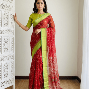 Bandani Chiffon Saree (Red - Lime Green)