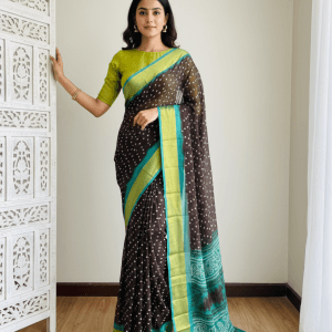 Bandani Chiffon Saree (Mocha Brown - Turquoise Green)