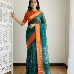 Bandani Chiffon Saree (Pthalo Green - Red)
