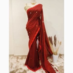 Chumki Cotton Sarees with Pom-Poms (Red-Black)