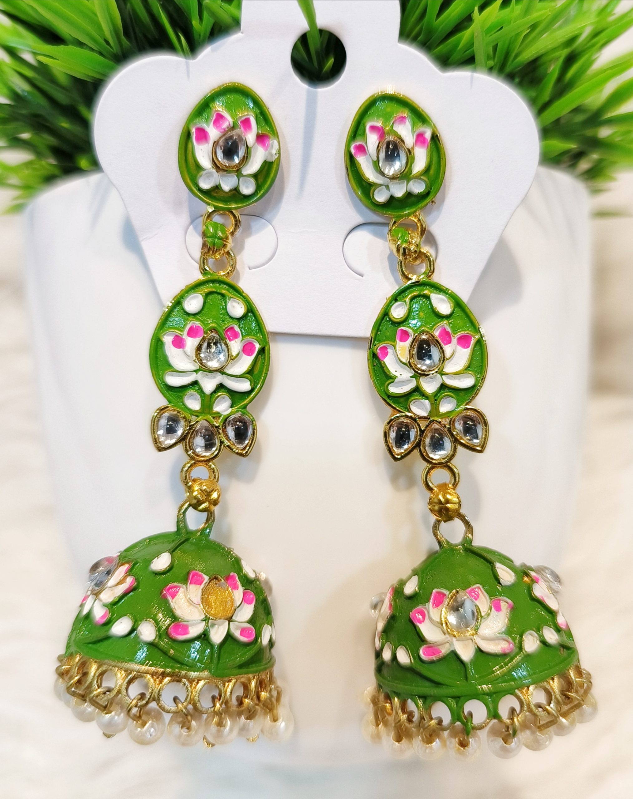 Meenakari Lotus Jhumkas (Green) - Image 2