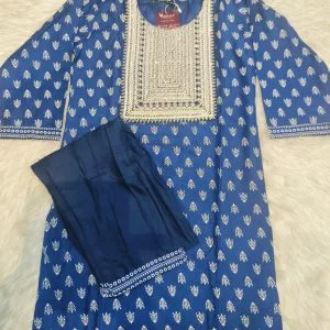 Embroidered Cotton Kurtis-Pants (Aegean Blue)