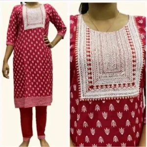 Embroidered Cotton Kurtis-Pants (Maroon)