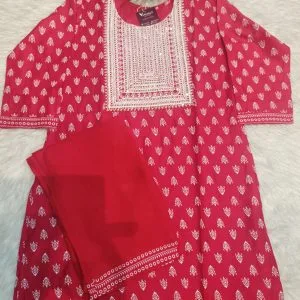 Embroidered Cotton Kurtis-Pants (Rani Red)