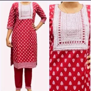 Embroidered Cotton Kurtis-Pants (Rani Red)