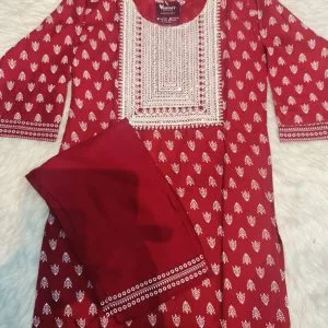 Embroidered Cotton Kurtis-Pants (Maroon)