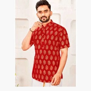 Men's Cotton Kurta (Short Sleeves - Red)