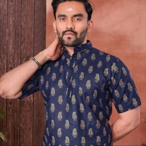 Men's Cotton Kurta (Short Sleeves -Dark Blue)
