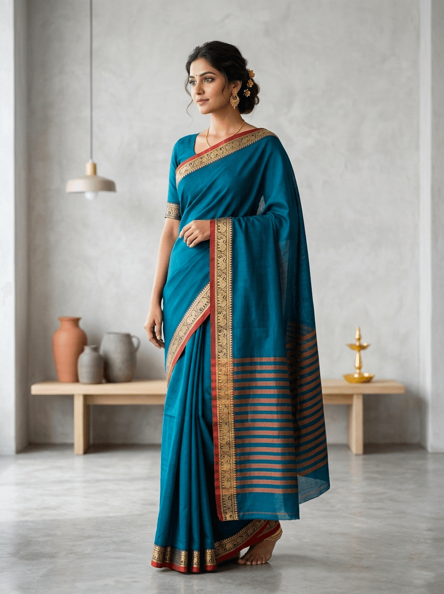 Gajra - Narayanpet Cotton Sarees (Peacock Blue) PREORDER