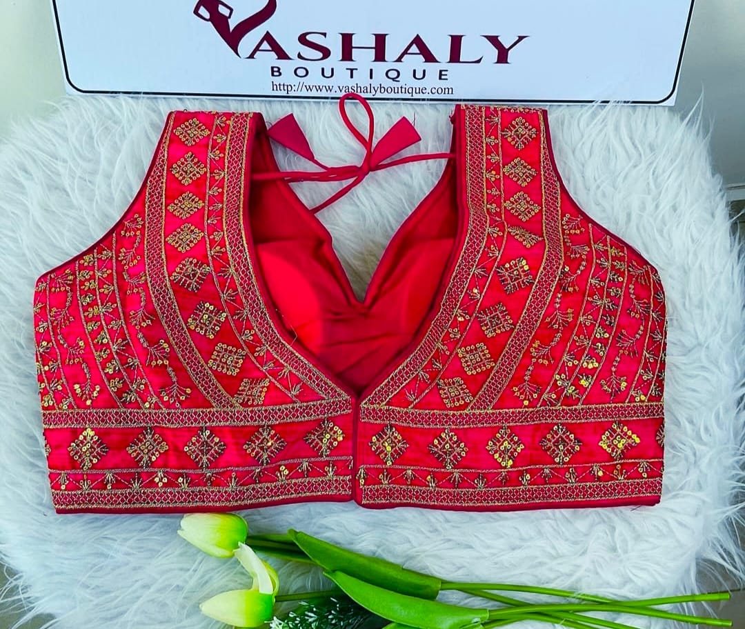 V-Neck Embroidered Blouse (Pink) - Image 5