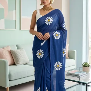 Sunflower Saree-Blouse-Jhumkas-Scrunchy Combo (Indigo Blue)