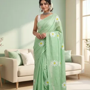 Sunflower Saree-Blouse-Jhumkas-Scrunchy Combo (Apple Green)