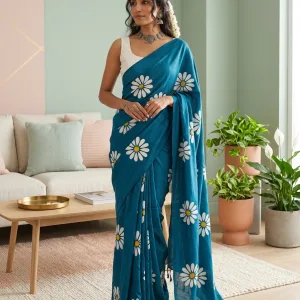 Sunflower Saree-Blouse-Jhumkas-Scrunchy Combo (Peacock Green)