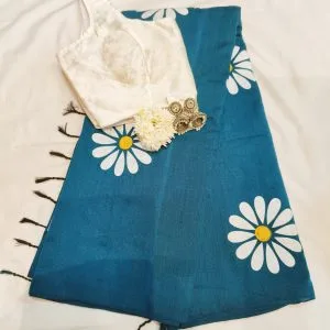 Sunflower Saree-Blouse-Jhumkas-Scrunchy Combo (Peacock Green)