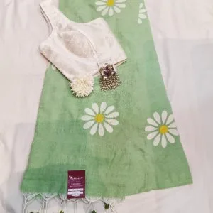 Sunflower Saree-Blouse-Jhumkas-Scrunchy Combo (Apple Green)