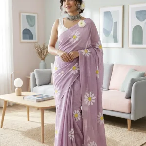 Sunflower Saree-Blouse-Jhumkas-Scrunchy Combo (Lilac)